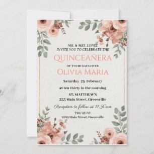 Invitación Flores de Cerezo Mariposas Dorado Rosa Quinceañera
