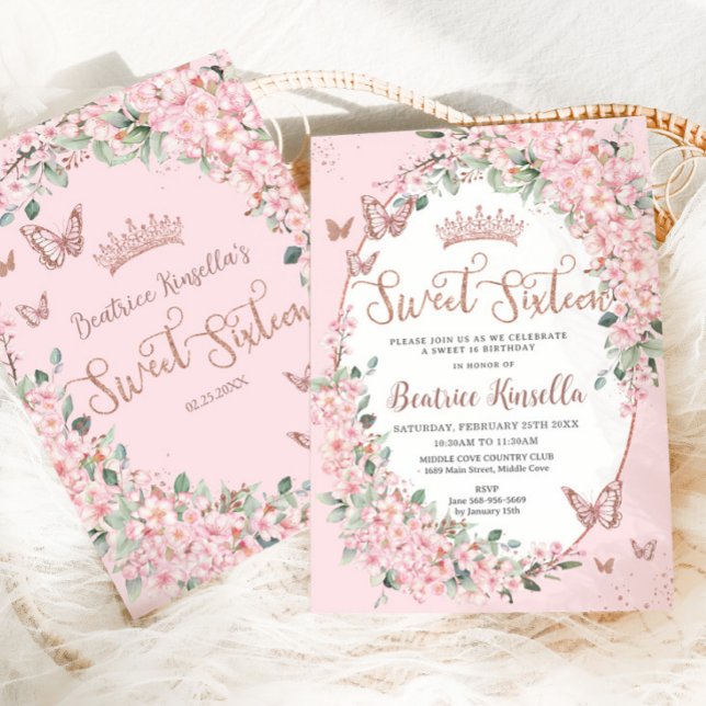 Invitación Flores de cerezo Mariposas Florales Dulces Diecisé (Subido por el creador)