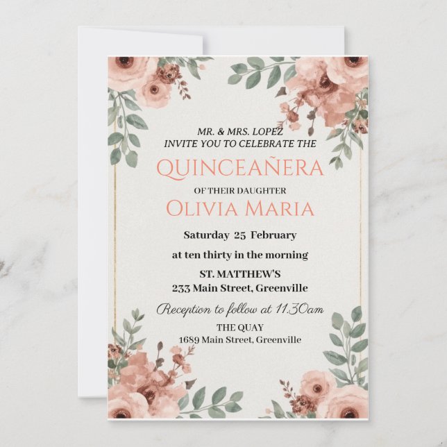 Invitación Flores de Cerezo Mariposas Rosa Dorado Quinceañera (Anverso)