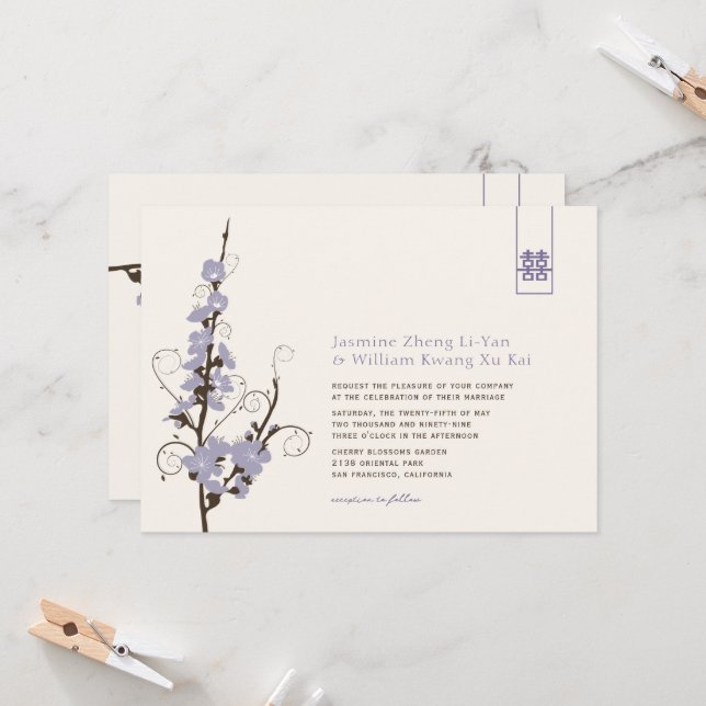 Invitación Flores de cerezo morado Sakura Swirls Boda asiátic (Anverso/Reverso In Situ)