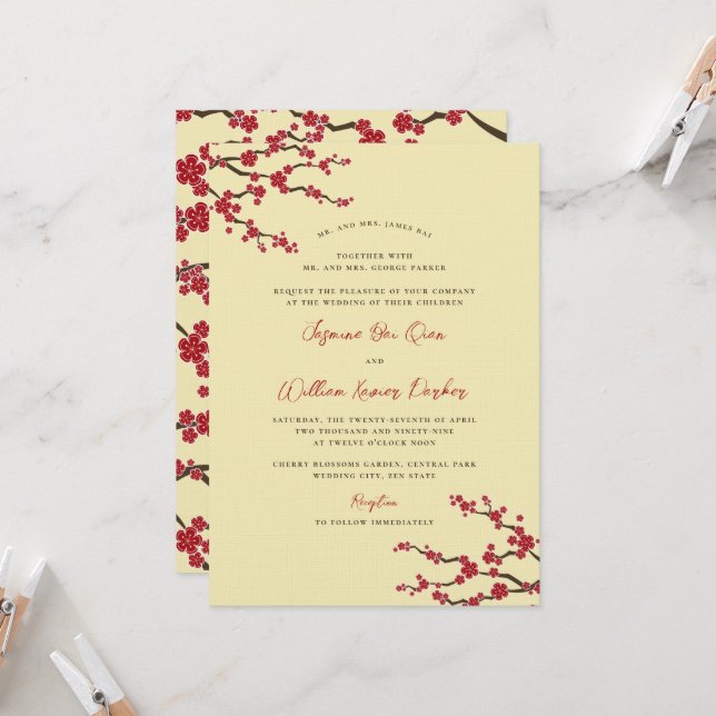 Invitación Flores de cerezo rojo Sakura Bodas asiáticas (Anverso/Reverso In Situ)