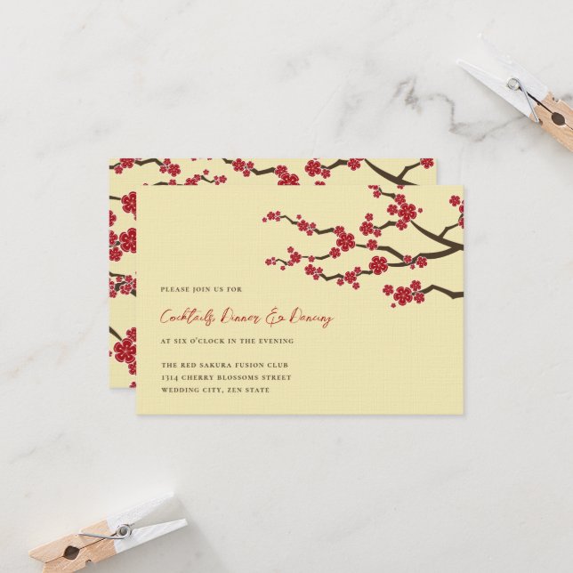 Invitación Flores de cerezo rojo Sakura floridas Boda asiátic (Anverso/Reverso In Situ)