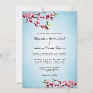 Invitación Flores de cerezo rosa Boda azul vintage