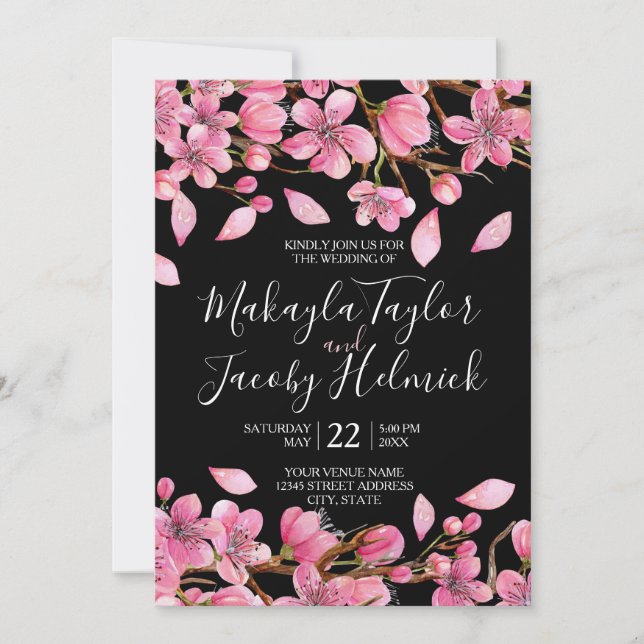 Invitación Flores De Cerezo Rosa En El Boda Negro (Anverso)