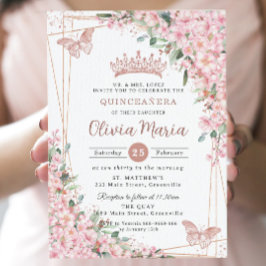 Invitación Flores de cerezo Rosa Mariposas de oro Quinceañera
