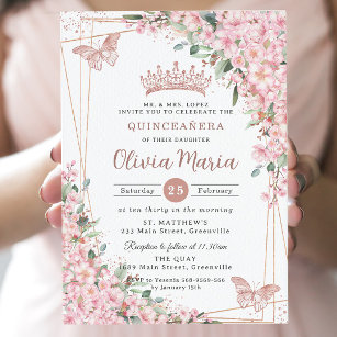 Invitación Flores de cerezo Rosa Mariposas de oro Quinceañera