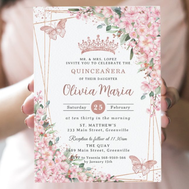 Invitación Flores de cerezo Rosa Mariposas de oro Quinceañera (Subido por el creador)