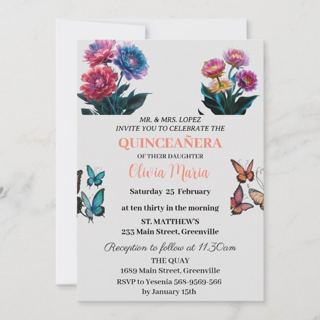 Invitación Flores de cerezo Rosa Mariposas de oro Quinceañera (Anverso)