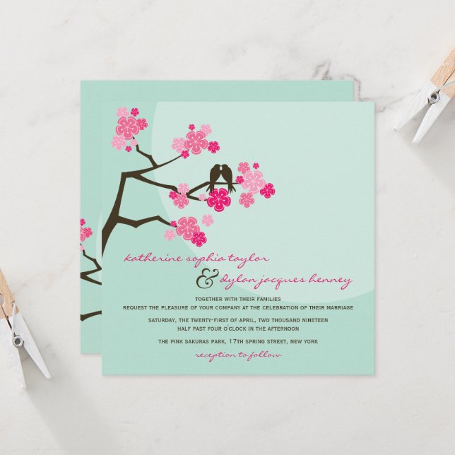 Invitación Flores de cerezo rosa Sakura Amor Aves Boda (Anverso/Reverso In Situ)