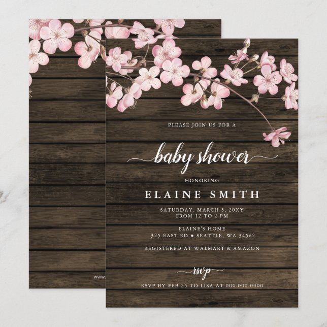 Invitación Flores de cerezo rosa Sakura de madera Baby Shower (Anverso / Reverso)