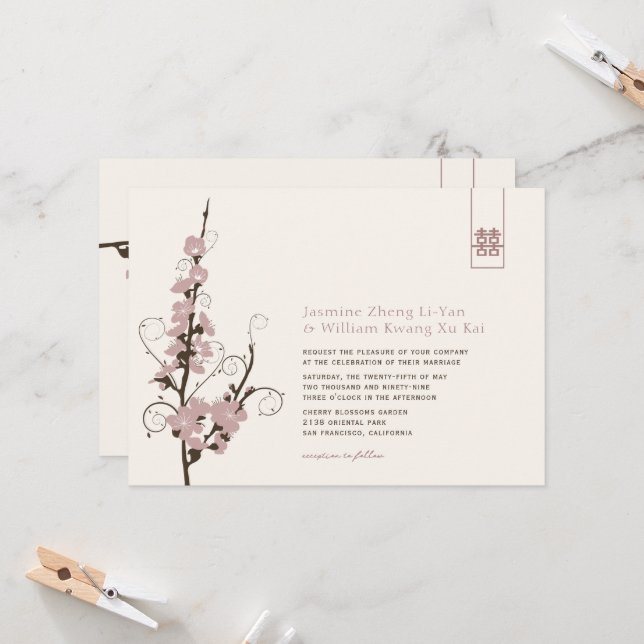 Invitación Flores de cerezo rosa Sakura Swirle Boda asiático (Anverso/Reverso In Situ)