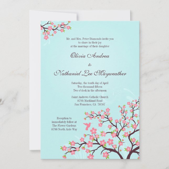 Invitación Flores de cerezo rosadas azules que casan la (Anverso)