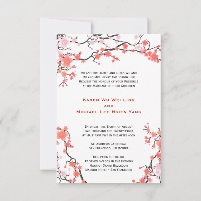 Invitación Flores de cerezo rosado y rojo de color rosa Boda  (Anverso)