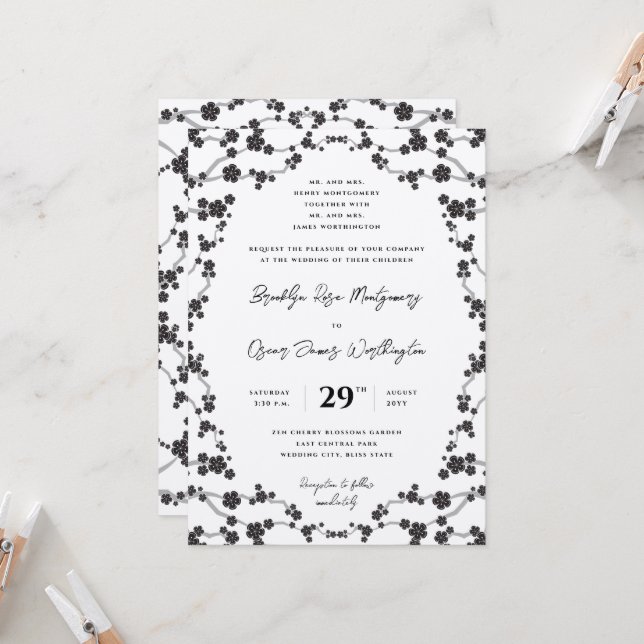 Invitación Flores de cerezo Sakura negro Boda asiático elegan (Anverso/Reverso In Situ)