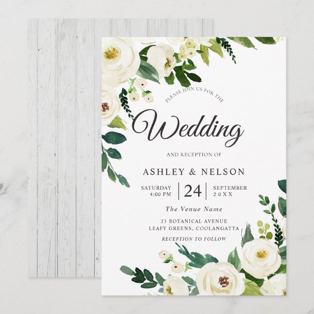Invitación Flores de champán blanco Boda rústico elegante (Anverso / Reverso)