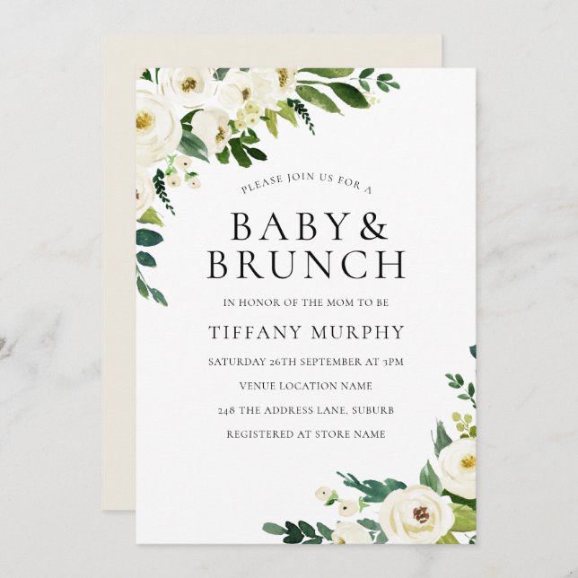 Invitación Flores de champán blanco Brunch Baby Shower elegan (Anverso / Reverso)
