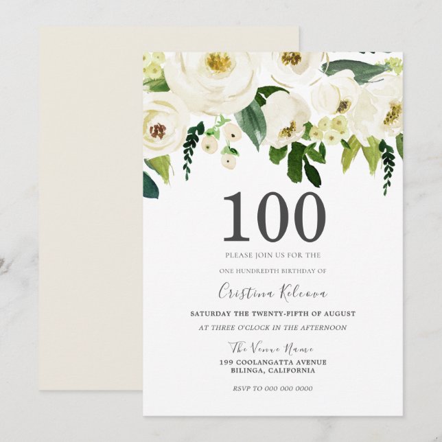Invitación Flores de champán blanco Fiesta de cumpleaños núme (Anverso / Reverso)