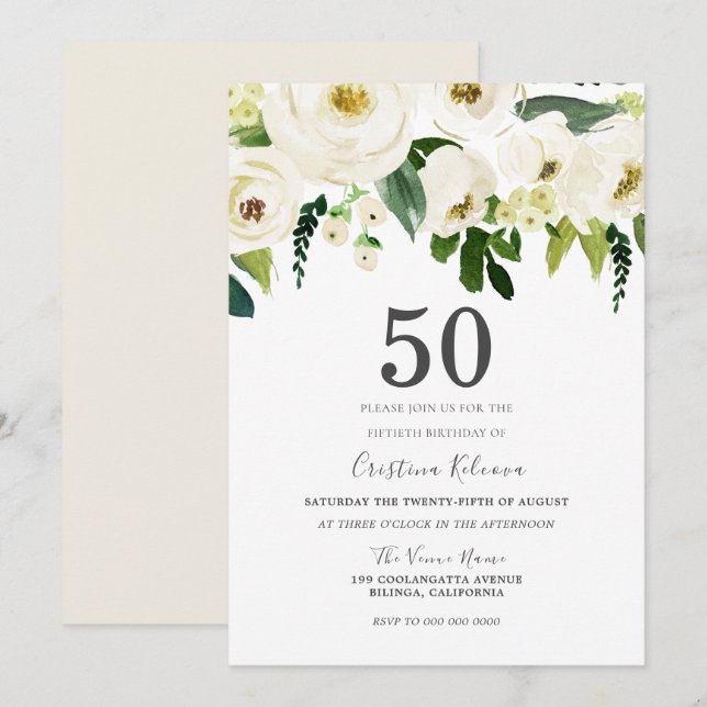 Invitación Flores de champán blanco Fiesta de cumpleaños núme (Anverso / Reverso)