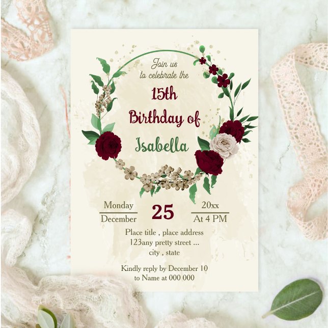 Invitación Flores de champán de Borgoña cumpleaños botánico (Subido por el creador)
