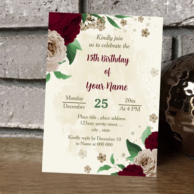 Invitación Flores de champán de Borgoña cumpleaños botánico (Subido por el creador)