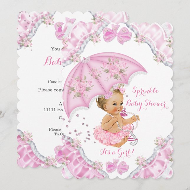 Invitación Flores de Chica de paraguas rosado Baby Shower rub (Anverso / Reverso)
