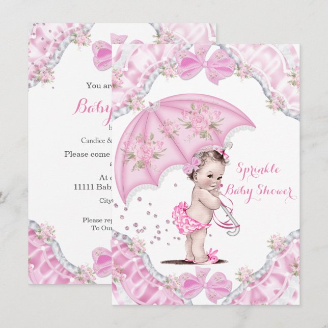 Invitación Flores de Chica de paraguas rosados de Baby Shower (Anverso / Reverso)