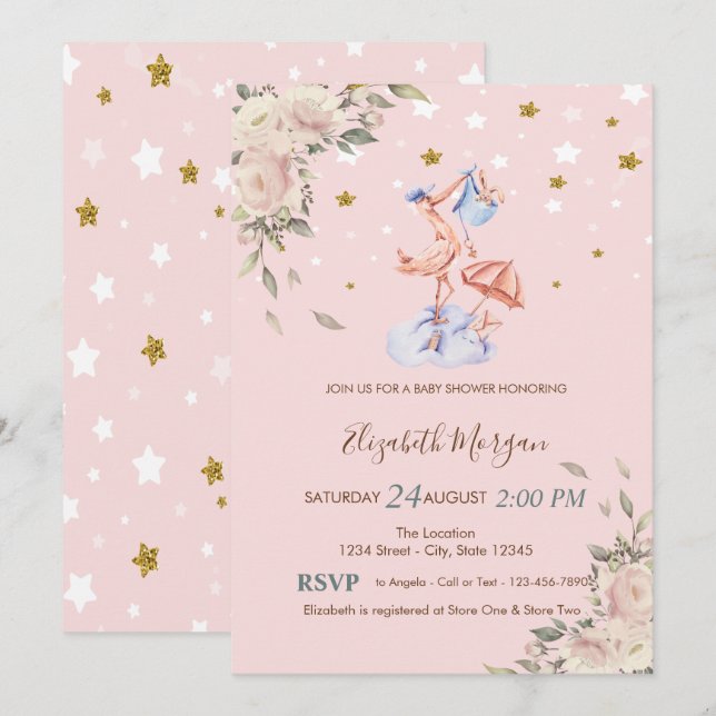Invitación Flores de Cigüeña, Estrellas Baby Shower  (Anverso / Reverso)