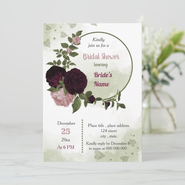 Invitación flores de ciruela rosa burdeos verde ducha de novi (Anverso de pie)