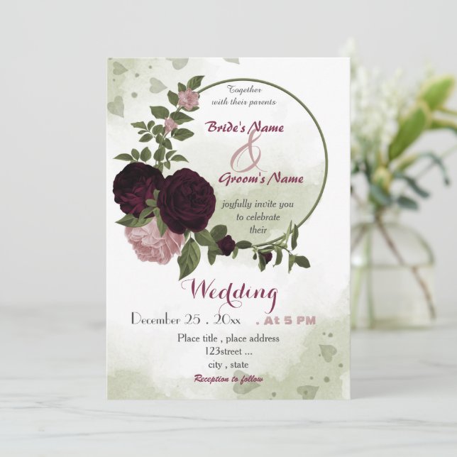 Invitación flores de ciruela rosa burgundy boda de guirnalda  (Anverso de pie)
