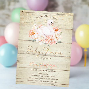 Invitación Flores de Cisne Bebé Textura de Madera Baby Shower
