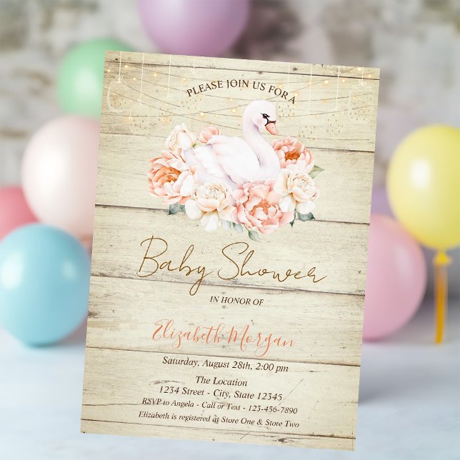 Invitación Flores de Cisne Bebé Textura de Madera Baby Shower (Subido por el creador)