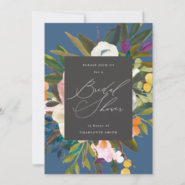 Invitación Flores de cítricos brillantes | Ducha de novia azu (Anverso)