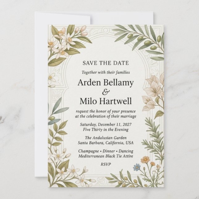 Invitación Flores de cítricos, ramas de olivo, buganvilla, Ar (Anverso)