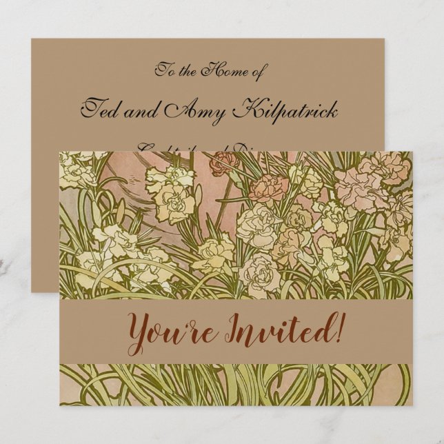 Invitación Flores de clavel floral Art Nouveau Alfonse Mucha (Anverso / Reverso)