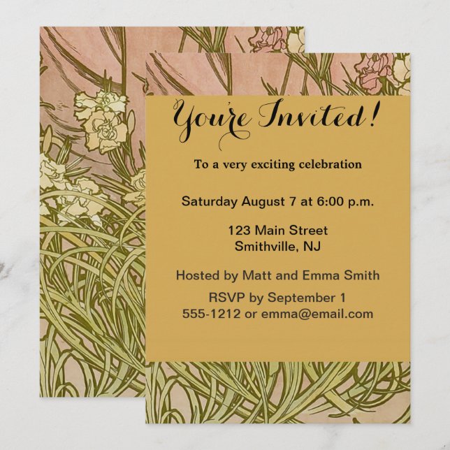 Invitación Flores de clavel floral Art Nouveau Alfonse Mucha (Anverso / Reverso)