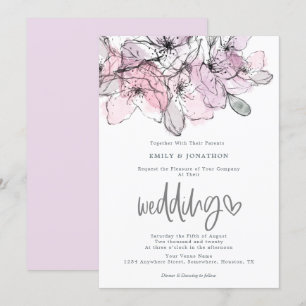 Invitación Flores de color agua Lilac Boda de escritura rosad