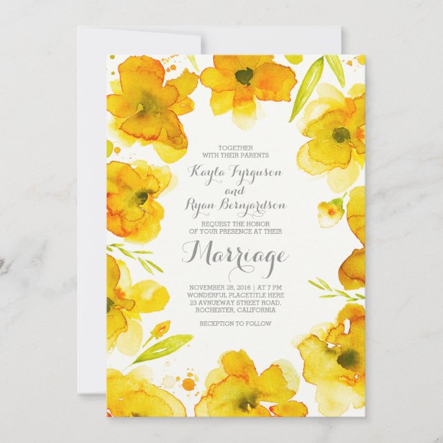 Invitación flores de color amarillo acuarela elegante boda (Anverso)
