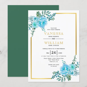 Invitación Flores de color azul, boda floral de marco dorado