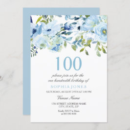 Invitación Flores de color azul cielo 100 cumpleaños