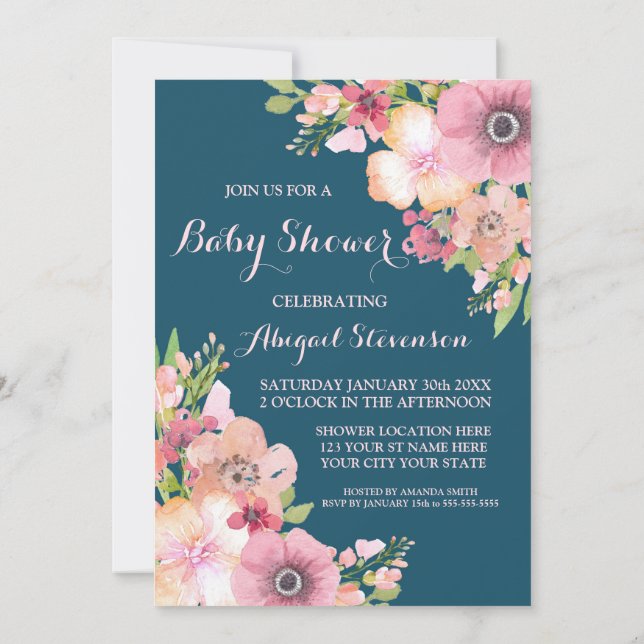 Invitación Flores de color azul marina Baby Shower (Reverso)
