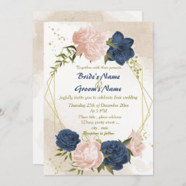 Invitación flores de color azul marino hojas verdes boda geom