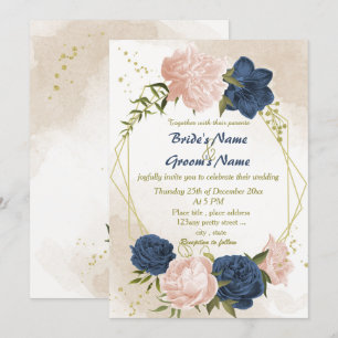 Invitación flores de color azul marino hojas verdes boda geom