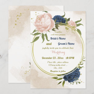 Invitación flores de color azul marino hojas verdes boda geom