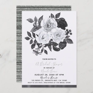Invitación Flores de color blanco y negro con ducha de novia 