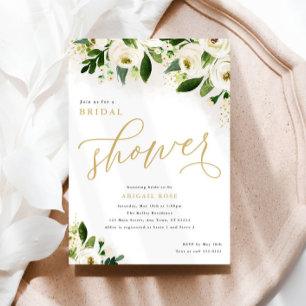 Invitación Flores de color blanco y oro en la ducha de novia