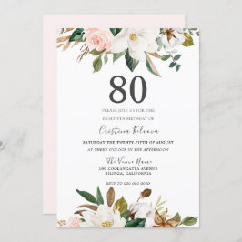 Invitación Flores de color de agua blanco y Rubor 80 cumpleañ