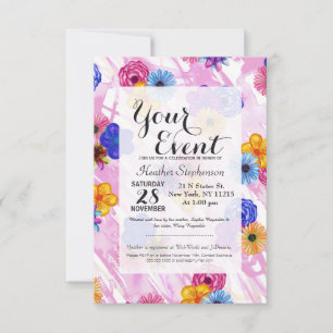 Invitación Flores de color de agua crujiente en color rosa