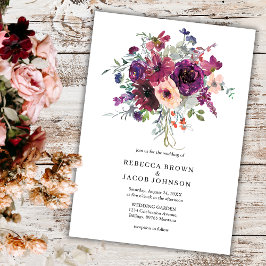 Invitación Flores de color de agua de Borgoña Boda Rústico si