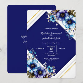 Invitación Flores de color de agua de marco azul blanco dorad
