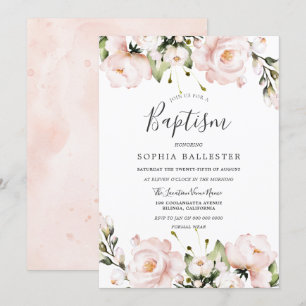 Invitación Flores de color de agua de Rubor bautismo de niña
